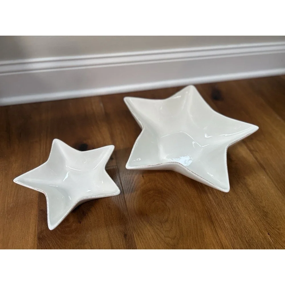 Pottery Barn Star Serving Bowl Dish White Rustic Trim Ceramic Stackable Set 2
